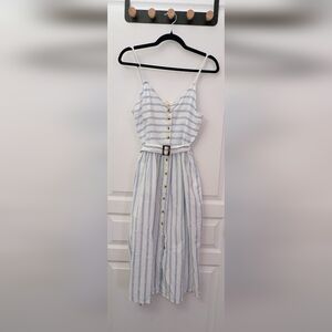 Baby Blue and White Striped Button-Front Dress with Belt